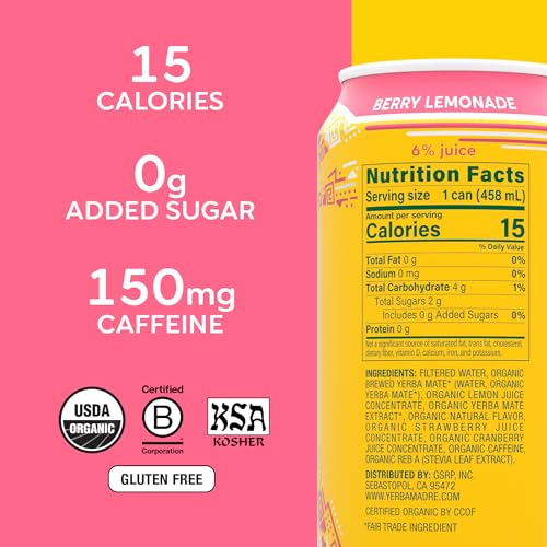 Guayaki Organic Yerba Madre Berry Lemonade Energy Drink, 15.5 Oz Pack of 12