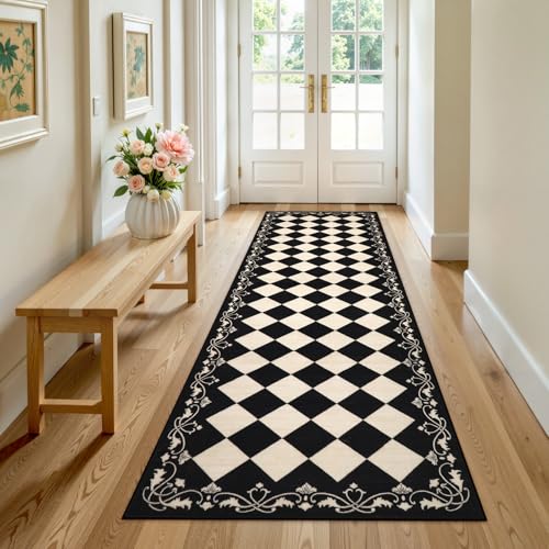 Black Checkered Runner Rug 2.5x8 ft Washable Non Slip Hallway Carpet