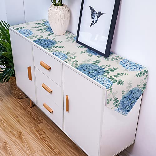 Farmhouse Table Runner 13x72 Linen Look with Eucalyptus Blue Hydrangea