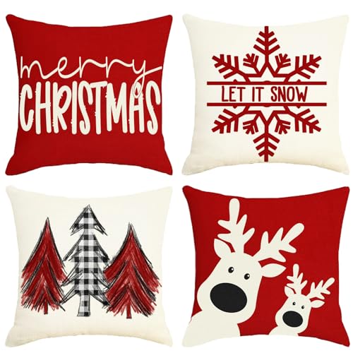 Sunboom Christmas Pillow Covers & Red Holiday Decor Set of 4, 18x18 Winter Farmhouse Throw Pillows