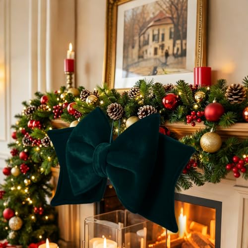 Hollowfly Green Velvet Bow Christmas Tree Topper 22x8in - Large Dark Green