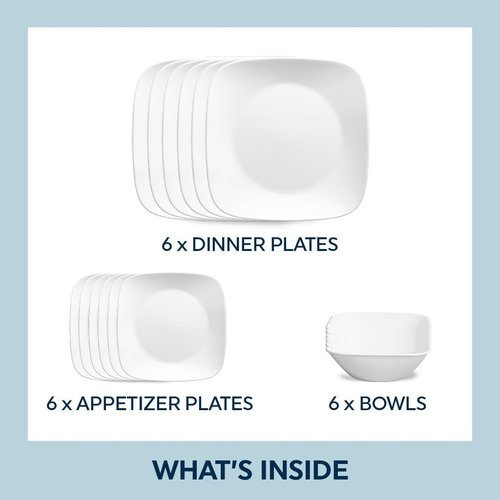 Corelle Vitrelle 18-Piece Dinnerware Set - Lightweight, Chip-Resistant Square Plates & Bowls | Pure White