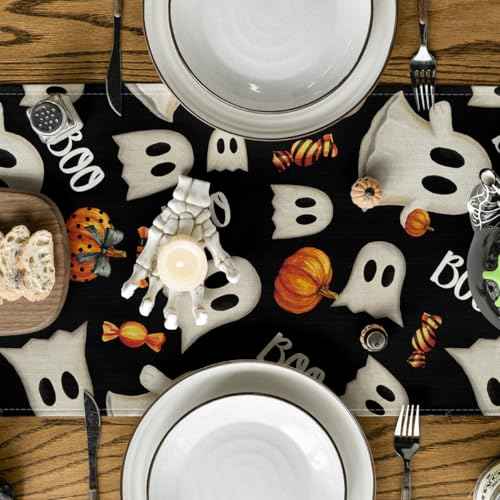Artoid Mode Ghost Pumpkin Camdy 210 GSM Halloween Table Runner,Seasonal Fall Kitchen Dining Table Decoration for Home Party Decor 13x36 Inch