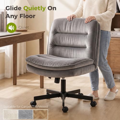 GTPLAYER Cross Legged Office Chair Dark Grey Velvet Oversized Armless Desk Chair with Wheels