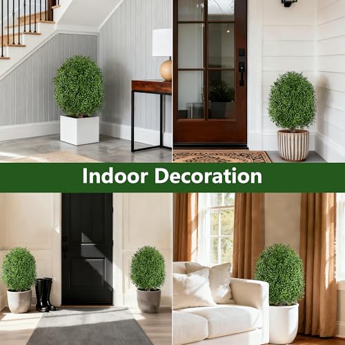 Green Boxwood Artificial Topiary Trees 24-Inch Outdoor Faux Bushes, 2 Pack
