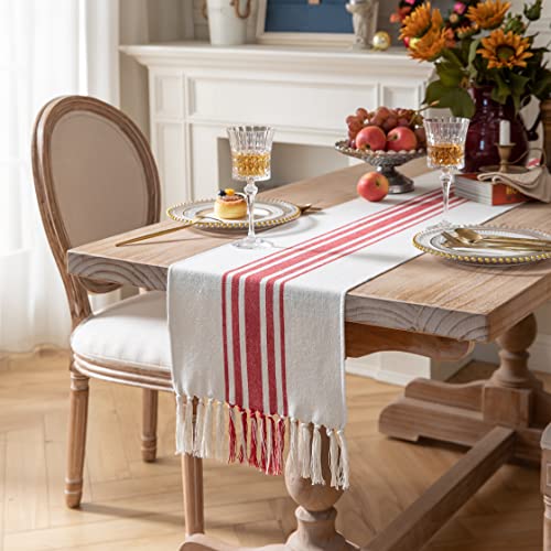 Caflife Christmas Table Runner 13x108 Inch Red Beige Boho Decor with Tassels - Holiday & Winter Dining Accessory