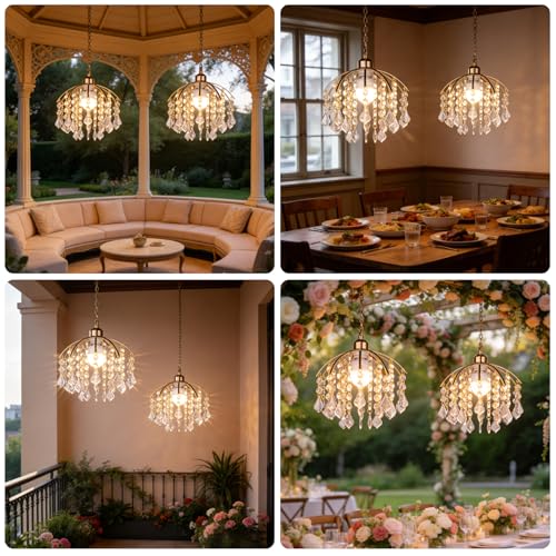 Wireless Crystal Pendant Light with Remote, 12 Colors, Rechargeable Battery, Dimmable 11in Ceiling Chandelier for Indoor & Covered Outdoor