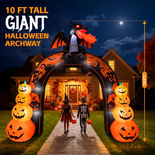 Giant Halloween Inflatable Archway with Dragon & Pumpkins - Outdoor Yard Decor, 10 FT Tall with LED Lights
