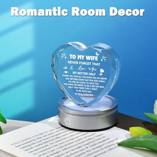 To My Wife Heart Crystal Lamp — Romantic Keepsake Gift from Husband, 6-Color LED Night Light (Wife)