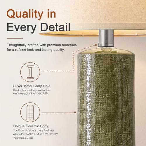 Green Small Modern Ceramic Table Lamp Set of 2 for Living Room & Nightstand