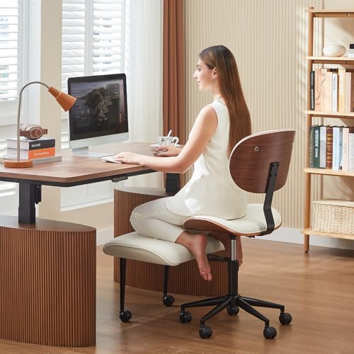 Ergonomic Cross Legged Office Chair with Adjustable Height & Bentwood Back - White / Contemporary