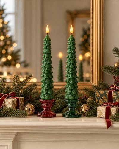 Homemory Flameless Christmas Taper Candles with 3D Flickering Flame, 9.6 Inch, Battery Operated with Timer, Pack of 3