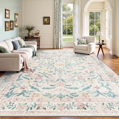 8x10 Pink Bloom Floral Area Rug - Machine Washable Low Pile Boho Rug with Non-Slip Backing, Rectangular