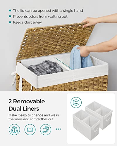 SONGMICS Natural 110L Double Wicker Laundry Hamper with Lid & 6 Mesh Bags