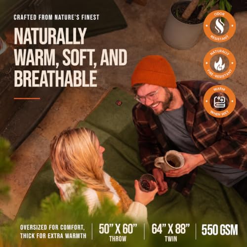 Arcturus Olive Green Twin Wool Blanket - Warm, Thick, Washable Outdoor Camping & Survival Blanket