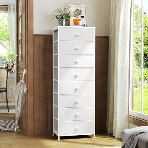 White Fabric Dresser with 8 Drawers - Tall Narrow Vertical Storage Tower