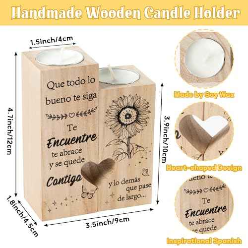 Zainpe Spanish Inspirational Graduation Candle Holders Gift for Teacher Women Friend Sister Bestie Mum Daughter, Wooden Heart Double Sided Printing Candlestick Birthday Friendship Gifts
