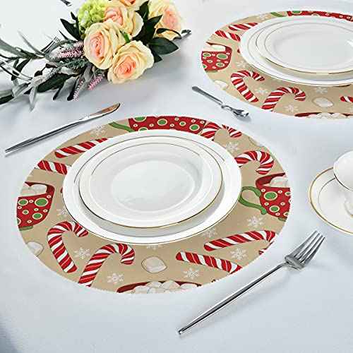 Aslsiy Christmas Gingerbread Man Round Placemats Set of 4 Winter Snowflakes Table Mats for Kitchen Non-Slip Cane Candy Brown Place Mats for Home Holiday Party Decor 15 inch