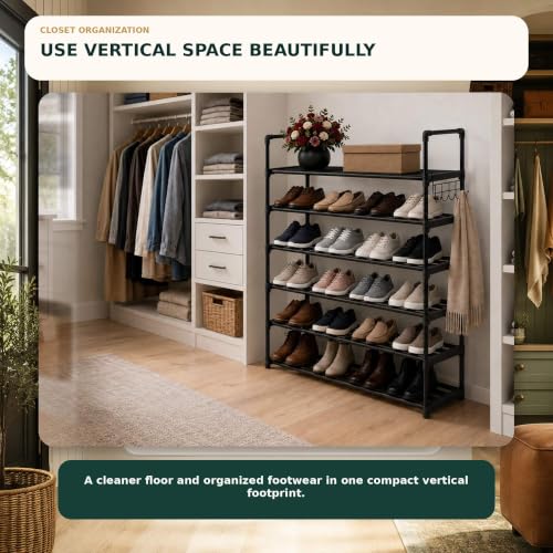 6-Tier Metal Shoe Rack with Hooks - Adjustable, Stackable Shoe Organizer for Entryway & Closet - Black