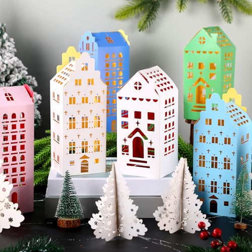 Amyhill 36 Pcs Multicolor Christmas Village Set - Mini Cardboard Houses & Trees