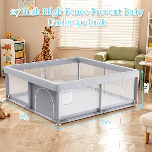 JINXIA 50x50 Inch Baby Playpen - Light Grey, Soft Skin-Safe Fabric, Baby & Toddler Safety Enclosure