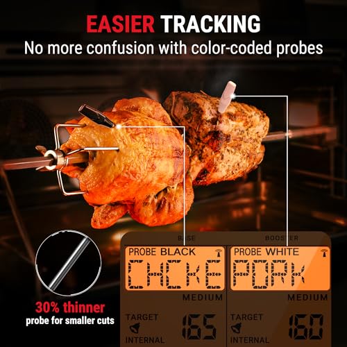 Wireless Meat Thermometer 1000ft RF Digital with 2 Probes - Waterproof & Color-Coded