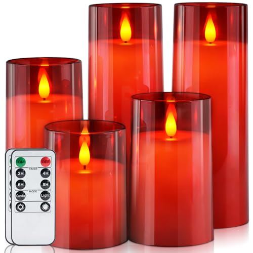 Homemory Red Flickering Flameless Candles, Battery LED Pillar Set of 5 with Remote & Timer (Red, 3in x 4in, 5/6/8/8in)
