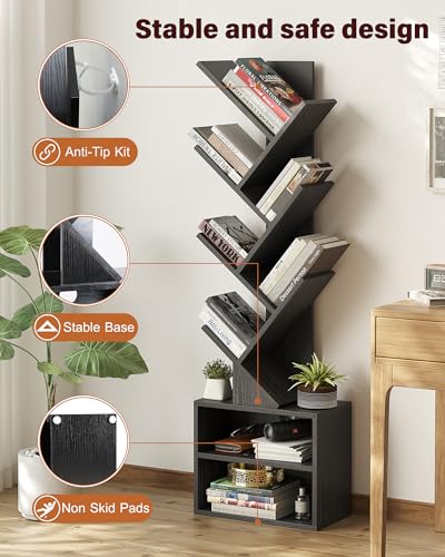 Black 6-Tier Tree Bookshelf with Storage Cabinet - Compact Tall Bookcase