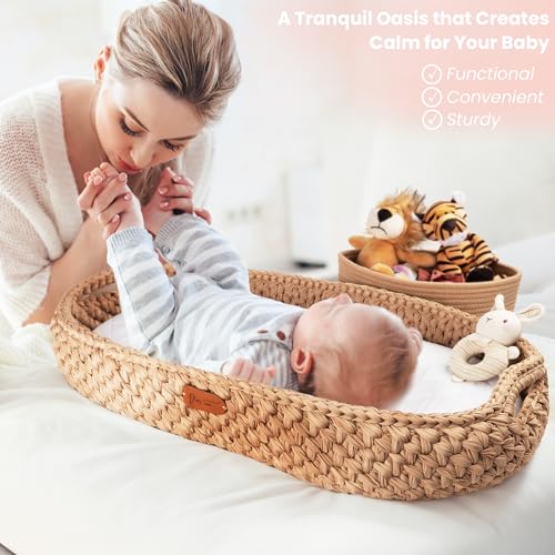 Baby Changing Basket Set with Soft Mattress & Waterproof Cover - Handmade Boho Moses Basket for Newborns