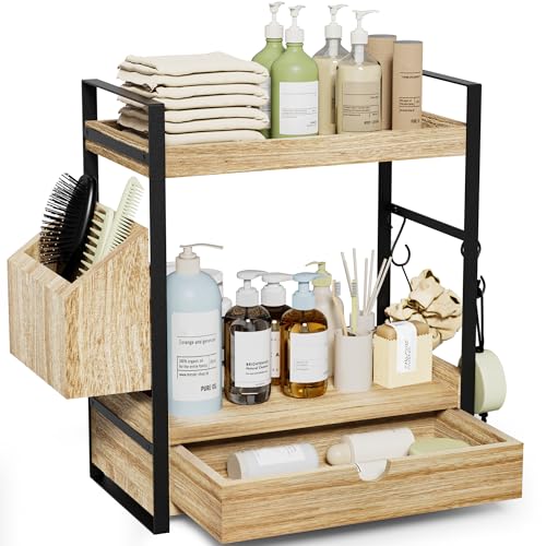 Aollewoiti Light Brown 2-Tier Bathroom Counter Organizer with Drawer & Basket