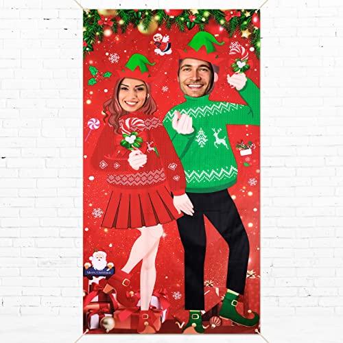 Giant Christmas Photo Booth Backdrop Banner with Face Cutouts - 6x3 ft Holiday Party Decor