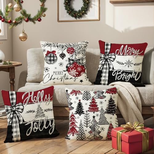 ARPOVIST Christmas Pillow Covers Set of 4 — 18x18 Inch Bow Edition, Red & Black Buffalo Plaid with Trees, Snowflakes & Bow