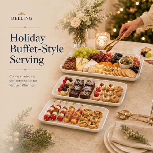 White Porcelain Serving Platter Set of 3 - 12/14/16 Inch Rectangular Trays for Entertaining