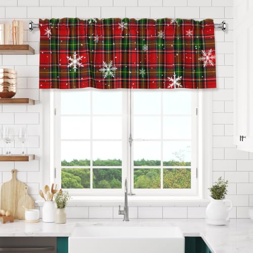 Green Red Christmas Snowflake Plaid Valance for Windows 54x18 Inch