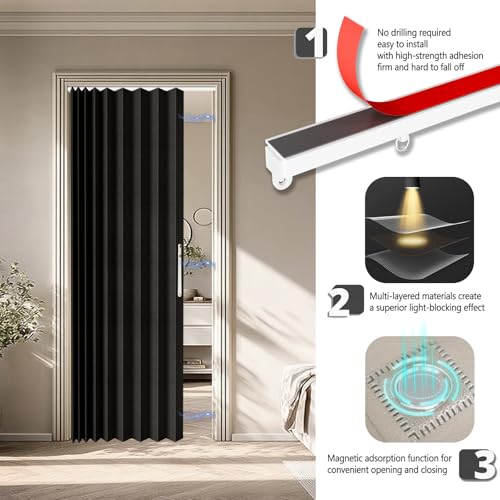 Black Accordion Door Curtain - 43W x 78L, Blackout Room Divider with Adhesive Track - Variation of THIS listing