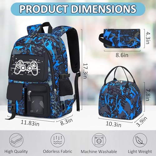 Kids School Backpack Set with Lunch Box - Gamer Pattern, 18 Inch, Variation Game003-backpack Set