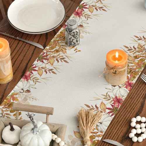 Artoid Mode Cross Blessed Eucalyptus Pumpkins Fall Table Runner, Seasonal Autumn Kitchen Dining Table Decoration for Home Party Decor 13x72 Inch