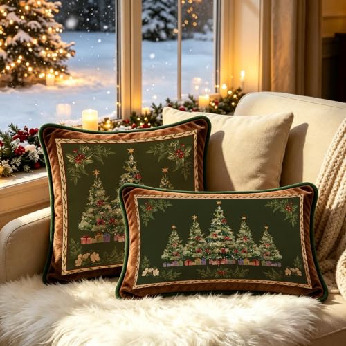 Artmag 24x24 Inch Green Christmas Tree Pillow Cover with Floral Pattern, Velvet Holiday Decor