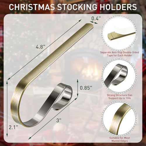 Edoneery 6-Pack Bronze Christmas Stocking Holders for Mantel with Non-Slip Double-Sided Adhesive Strips, Adjustable 0.5–3 in