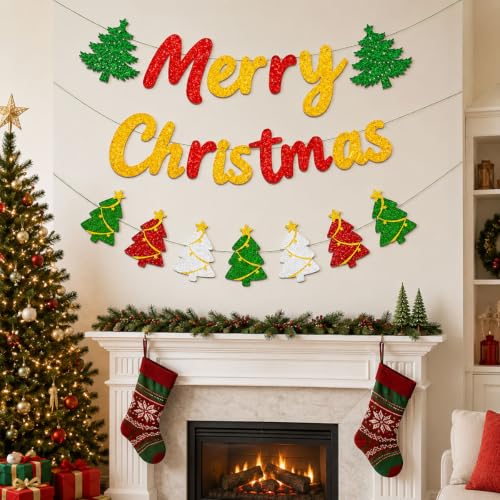 Merry Christmas Banner Set with Glitter Letter & Tree Garlands - DIY Xmas Decor