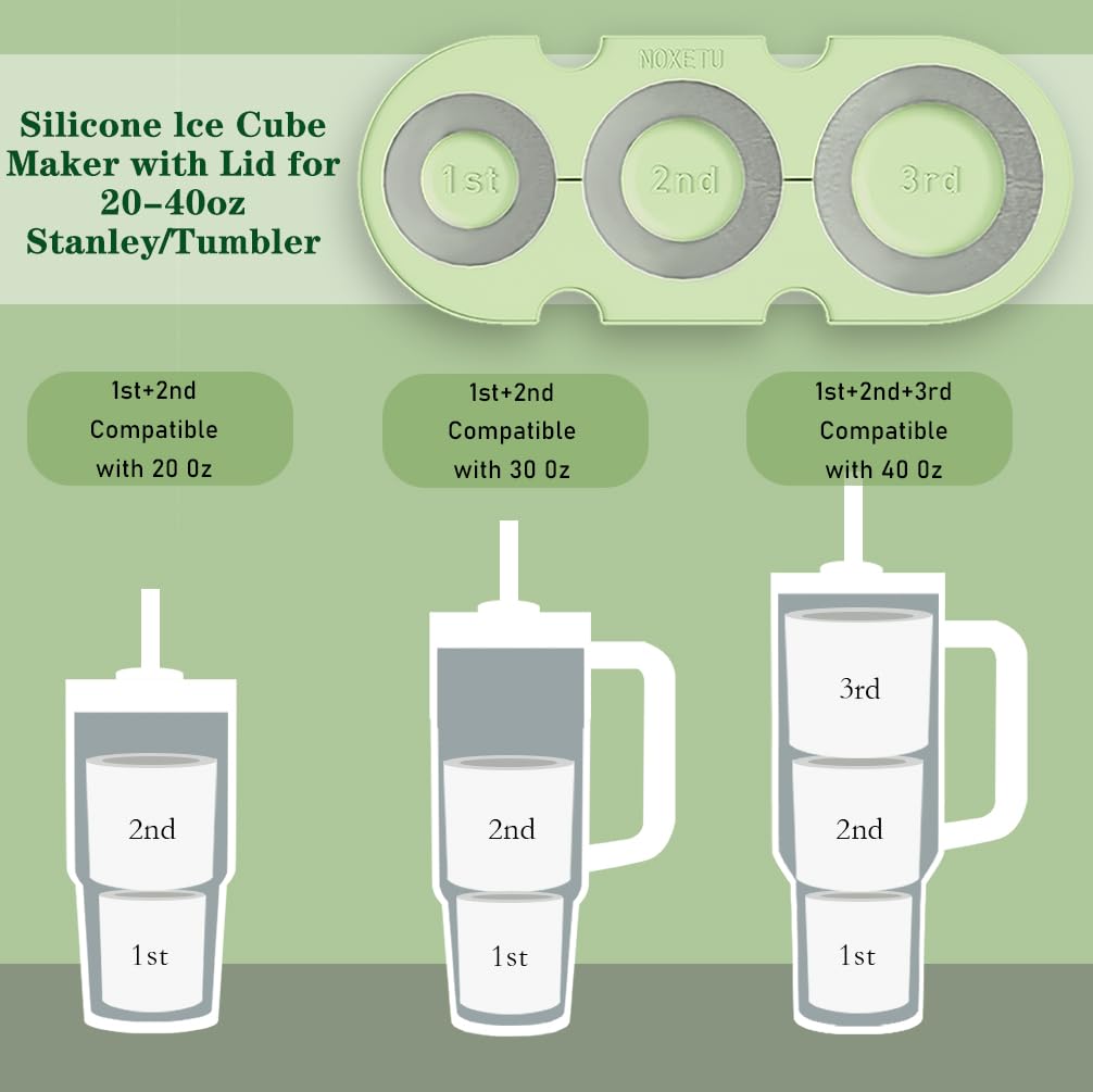 NOXETU Ice Mold for Stanley Cup 30/40 Oz - Easy Fill and Release Without Touching Ice, Silicone Ice Cube Tray with Clear Lid and Bin for Freezer, Whiskey, Cocktail (Green)