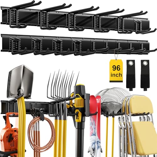 96-Inch Garage Tool Organizer Wall Mount with 15 Adjustable Hooks, Heavy Duty Storage Rack
