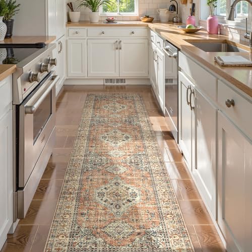 Lahome Terracotta Oriental Runner Rug 2.5x10ft Non-Slip Hallway Carpet - Machine Washable, Ultra Soft