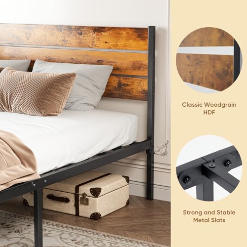 Brown Full Size Platform Bed Frame with Wooden Headboard - Heavy Duty Metal Slats