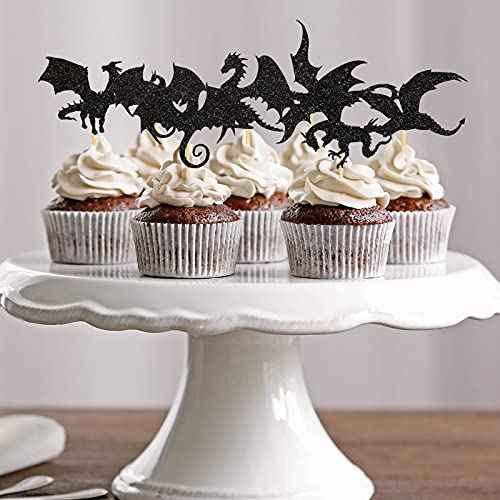 36 Pieces Dragon Cupcake Toppers Black Glitter Cake Picks Cool Dinosaur Cupcake Topper for Dragon Themed Party Birthday Christmas Fantasy Themed Party Decoration, 6 Styles