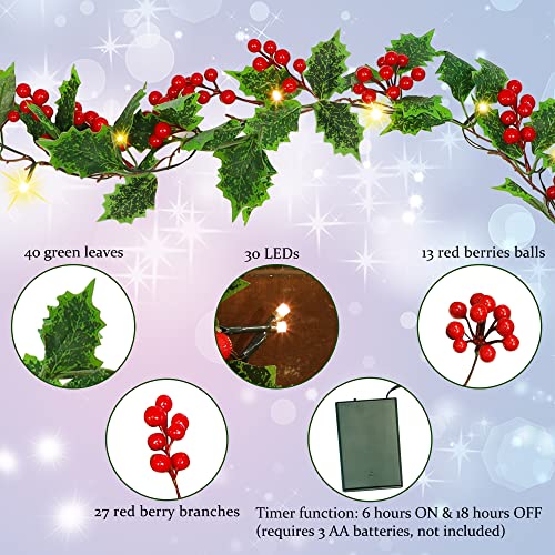 ATDAWN 9 FT Red Berry Christmas Lighted Garland, Battery Operated Christmas Garland with Lights, Flexible Artificial Garland for Indoor Home Fireplace Christmas Holiday New Year Decoration