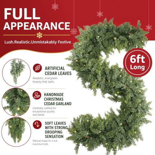 KAI-ROAD 6Ft Prelit Christmas Cedar Garland with Lights 2 Pack Real Touch Decor