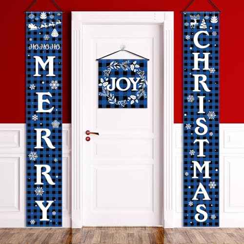 Tatuo 3 Piece Merry Christmas Porch Signs Christmas Buffalo Plaid Porch Banner Xmas Party Front Door Sign for Holiday Home Indoor Outdoor Xmas Party Favor(Blue and Black)
