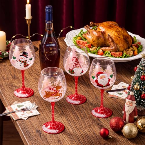 LemonRoad 4Pcs Hand Painted Christmas Wine Glasses Set - 16 oz, Santa, Reindeer, Snowman & Gnome (Variation: Cute)