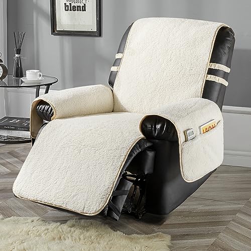 STONECREST White/Beige Sherpa Recliner Chair Cover 23" Regular Slipcover - Stay in Place, Non-Slip Faux Leather Back, Winter Cozy